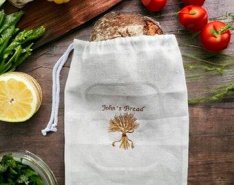 Linen bread bag custom embroidered/ Loaf bag reusable/ Bread baker/ maker gift personalized/ Farmhouse Rustic kitchen/ Presents for Mom/ Dad