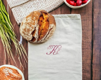 Linen bread bag custom embroidered/ Personalized loaf bag reusable/ Bread baker/ maker gift/ Farmhouse Rustic kitchen/ Presents for Mom/ Dad