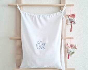 Linen backpack laundry bag custom monogram embroidered/ drawstring backpack laundry personalized/ College student/ Roommate gift.