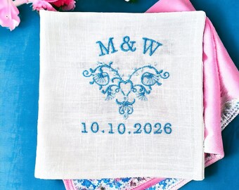 Something blue Wedding Bride gift from Mom/ Handkerchief custom embroidered/ Bridal shower gift personalized/ Wedding ceremony hankerchief