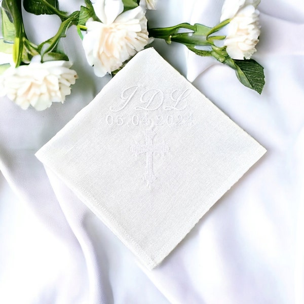 Boy/ Adult Baptism handkerchief cross gifts/ Custom embroidered hankie/ Christening gifts for Godson from Godmother/ First Holy Communion