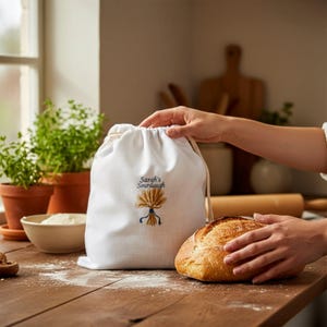 Personalized Linen Bread Bag: Custom Embroidered Sack, Farmhouse Kitchen Gift