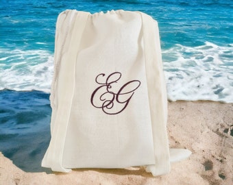 Beach Wedding backpack laundry bag linen custom monogram embroidered/ Wedding Parent gift/ Bride Groom gift for travel/ Hotel laundry bag