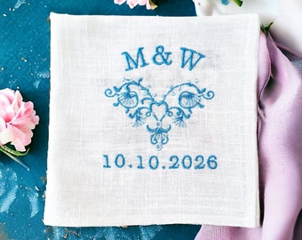 Something blue Wedding/ Bride gift from Mom/ Handkerchief custom embroidered linen/ Personalized Wedding ceremony Something Blue