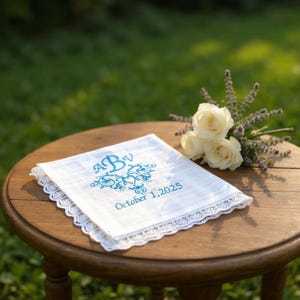 Custom embroidered handkerchief lace Groom gift from Bride on Wedding day/ Personalized hanky Father of the Bride gift/ Newly engaged gift
