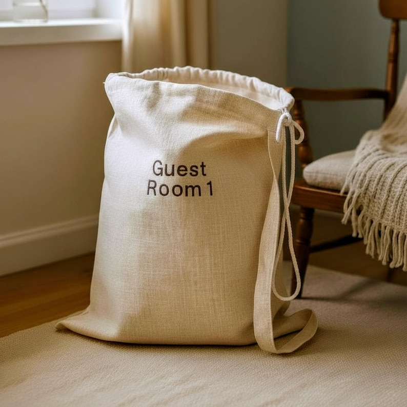 Embroidered Linen Laundry Bag Backpack - Thumbnail 3