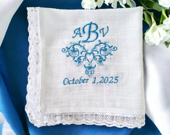 Wedding Something blue/ Lace handkerchief custom embroidered/ Personalized hankie/ Wedding ceremony hankerchief/ Bride gift from Mom