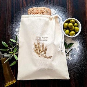 Borsa per il pane in lino personalizzata: ricamo personalizzato, soluzione a zero sprechi per la conservazione in cucina.