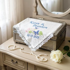 Personalized hanky Wedding handkerchief custom embroidered Bride gift from Mom/ Mother of the Groom gift from Bride/ For your happy tears