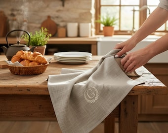 Monogrammed Linen Tea Towel: Custom Embroidered, Personalized Gift
