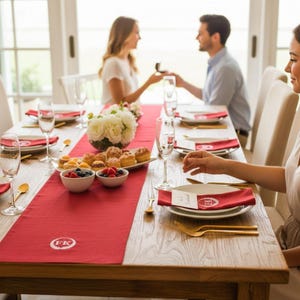 Red Linen Table Runner Custom Embroidered Monogram, Personalized Newly Engaged Gift