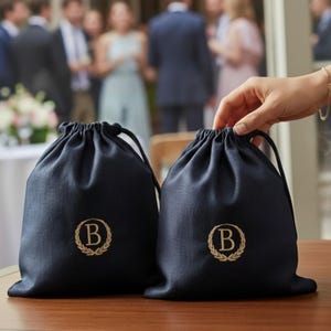 Op de afbeelding: Twee donkerblauwe stoffen buidels met trekkoord, voorzien van een goudkleurig geborduurd cirkelvormig lauwerkrans-embleem met de letter B in het midden. De tasjes zijn gemaakt van een glad textielmateriaal en hebben bijpassende donkerblauwe koorden.