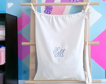 Baby toy storage bag large custom monogram embroidered with strap/ Linen backpack drawstring/ Baby name clothes bag travel gift personalized