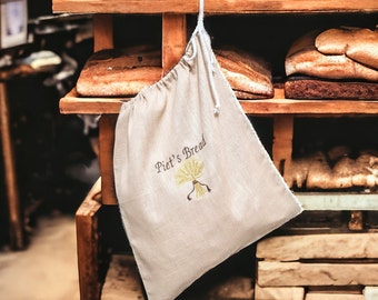 Linen bread bag custom embroidered/ Loaf bag reusable/ Bread baker/ maker gift personalized/ Farmhouse Rustic kitchen/ Presents for Mom/ Dad