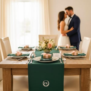 Personalized Green Linen Table Runner: Monogram Custom Embroidered