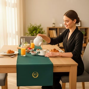 Personalized Green Linen Table Runner: Gold Monogram Custom Embroidered, New Home Gift
