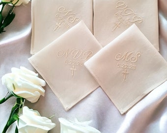 Cross handkerchief linen/ Custom embroidered hankie personalized/ Boys/ Girls First Holy Communion gift/ Christening gifts for Godson