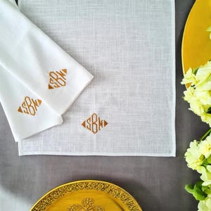 Custom embroidered Gold White table runner scarf/ Linen dresser top decor personalized/ Rehearsal dinner outdoor hosting/ Bestie bday gift