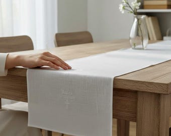 Personalized Linen Cross Table Runner & Embroidered Napkins Set: Christening Decor