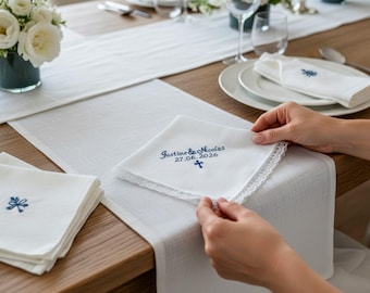 Orthodox Wedding Handkerchief Linen with Embroidered Cross, Personalized Hanky Lace, Fiance Gift For Her