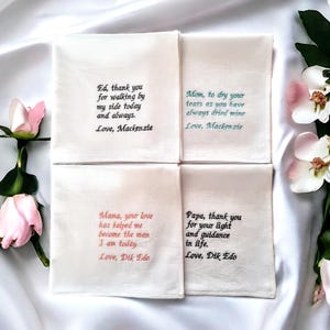 Wedding handkerchief custom embroidered/ Personalized hanky Big Day presents/ Father Mother of the Bride gift/ Wedding ceremony accessory