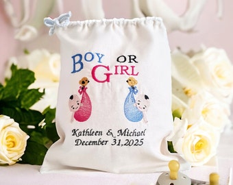 Baby gender reveal gift ideas bags custom embroidered/ Personalized party favor white linen bags Boy or Girl/ New Grandparents gift memory