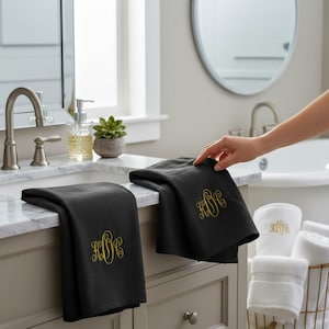 1 pc. Monogrammed Black Stonewash Linen Face Hand Towels: Custom Embroidered Guest Bath Decor