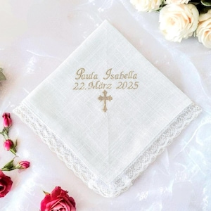 Custom embroidered cross handkerchief linen/ Christening gifts for Godson Goddaughter/ Baptism gift boy girl adult/ 1st Communion presents