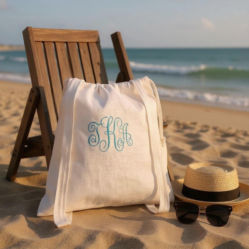 Monogrammed Linen Laundry Backpack