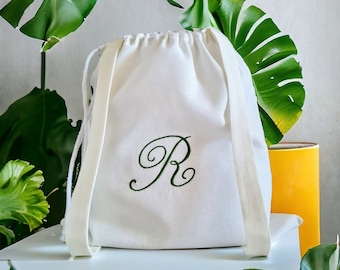 Linen backpack laundry bag custom embroidered/ Personalized Wedding gift travel/ Hotel laundry bag/ College dorm essentials/ Beach backpack