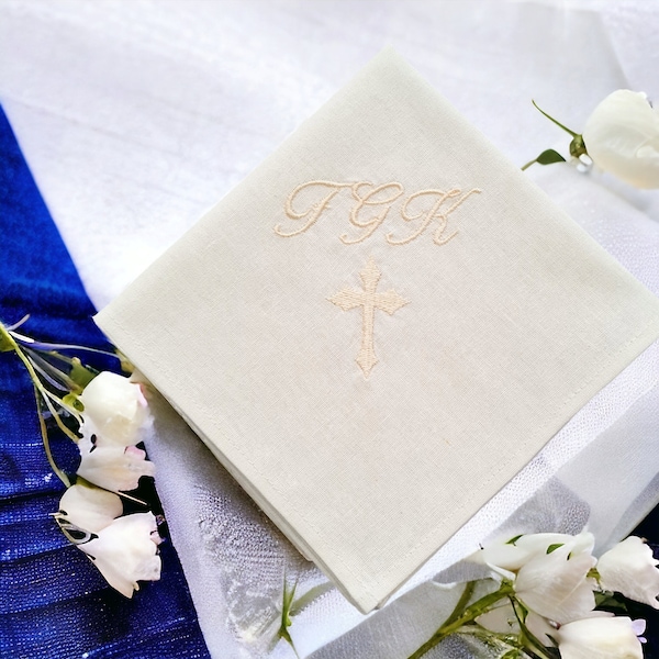 Christian Cross handkerchief gifts/ Custom embroidered hankie personalized/ Christening gifts for Godson from Godmother/ First Communion boy