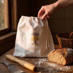 Personalized Linen Bread Bag: Custom Embroidered, Reusable Eco Pouch