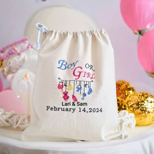 Sacchetti regalo per maschietti e femminucce, idee regalo per rivelare il sesso del neonato, sacchettini in lino bianco con coulisse, ricami personalizzati, regali per i nuovi nonni.