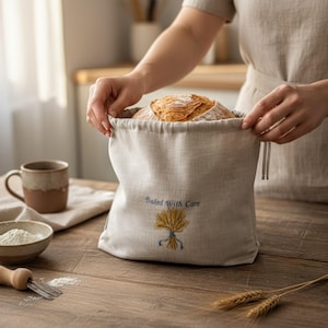Personalized Linen Bread Bag: Embroidered Sack, Rustic Farmhouse Kitchen Storage