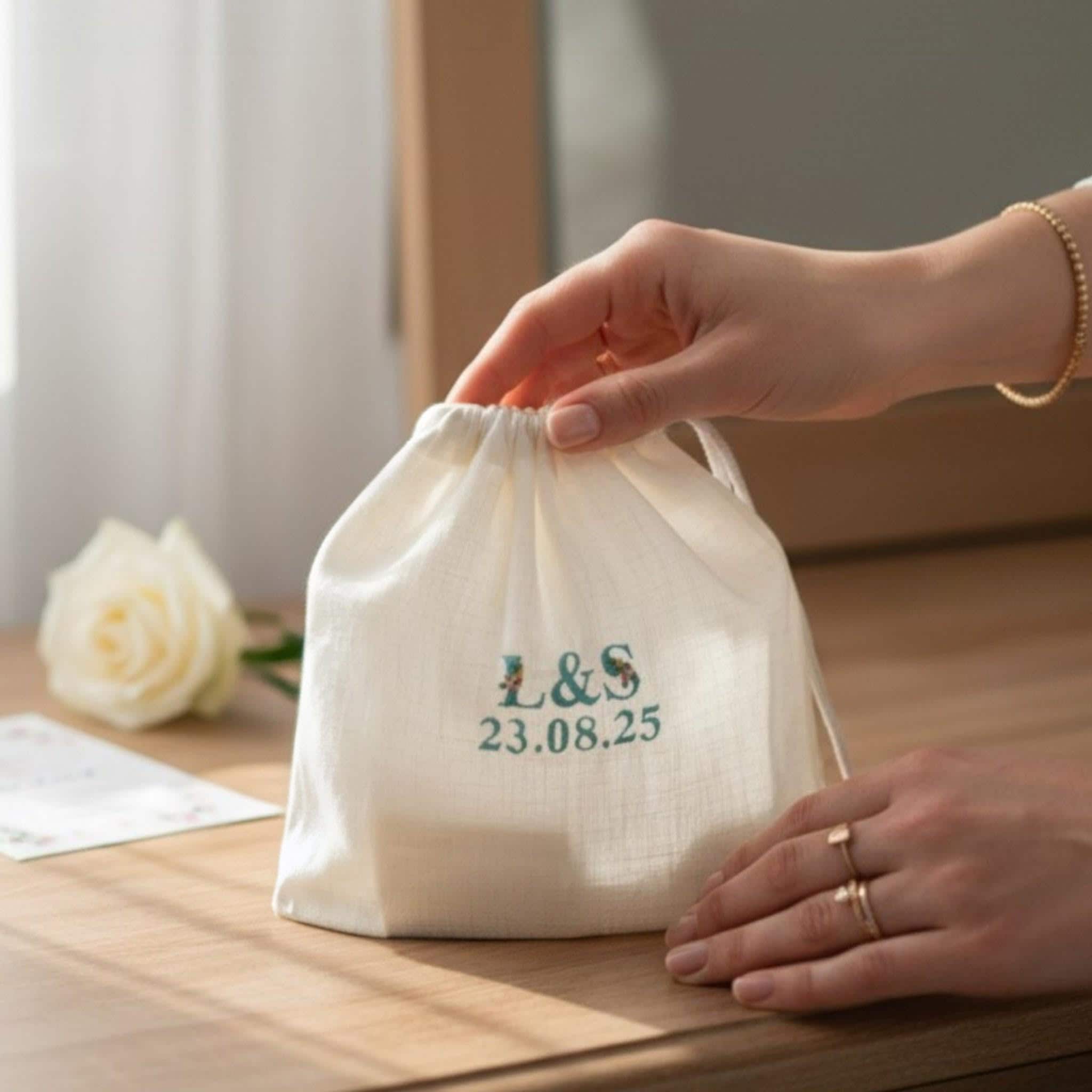 Set 2 Wedding Shoe Bag, Linen Lingerie Sack: Custom Embroidered Initials, Personalized Bride Gift