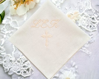 Custom embroidered cross handkerchief/ Baptism gift boy/ girl/ adult/ Personalized First Holy Communion gift for Goddaughter/ Godson