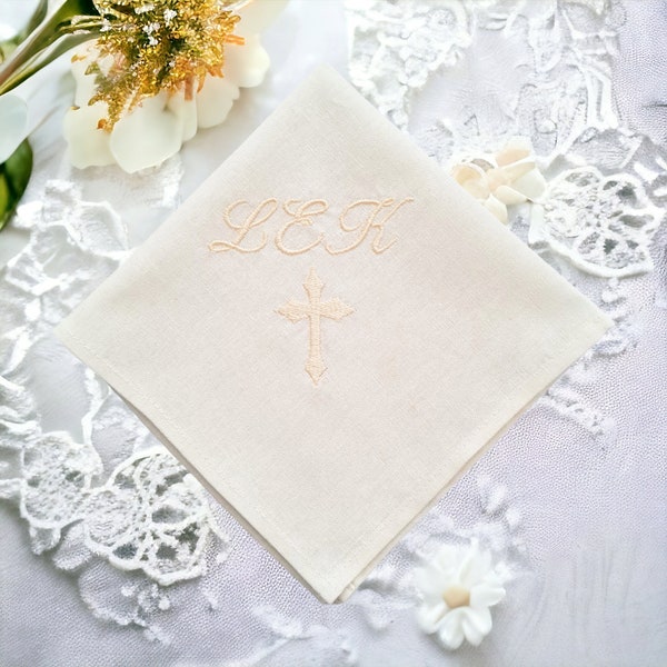 Custom embroidered cross handkerchief/ Baptism gift boy/ girl/ adult/ Personalized First Holy Communion gift for Goddaughter/ Godson