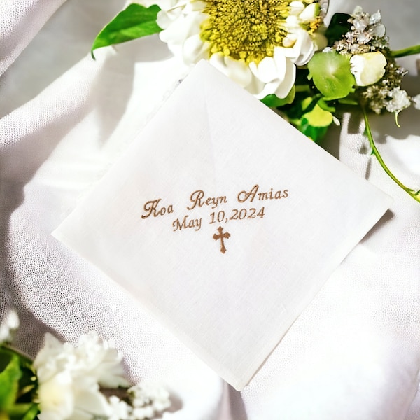 Catholic handkerchief cross gifts/ Custom embroidered hankie personalized/ 1st Communion gifts for Godson/ God daughter from Godmother