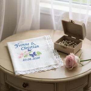 Custom embroidered Wedding handkerchief lace Personalized hanky linen Mother of the Bride gift from daughter/ Bride gift from Mom