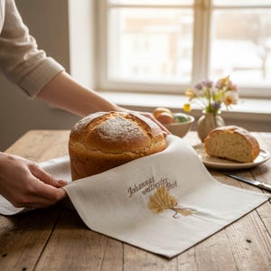 Puede incluir: Una hogaza de pan redonda y dorada descansa sobre un paño de lino claro. El paño presenta una espiga de trigo dorada bordada y el texto "Johannas weltbestes Brot" en hilo marrón, envolviendo parcialmente la corteza del pan.