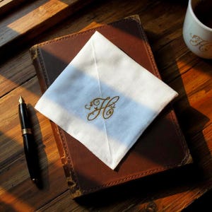 Custom Gold monogram embroidered handkerchief linen gift for Groom from Bride Personalized hanky Wedding ceremony accessory presents Mom Dad