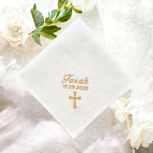 Custom embroidered cross handkerchief linen/ Christening gifts for Godson/ God daughter/ Baptism gift boy/ girl/ adult/ 1st Holy Communion