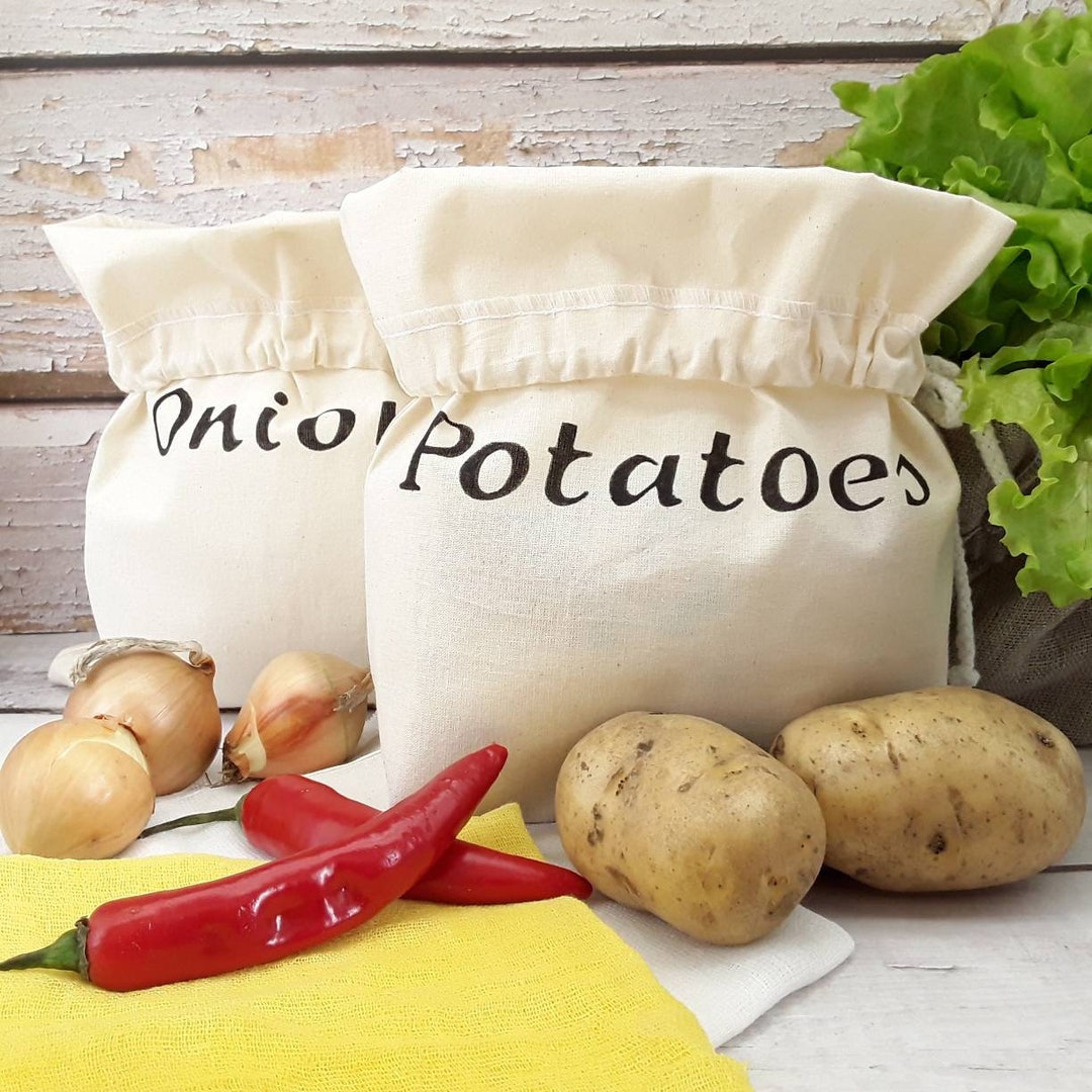 Set 2 Potato Onion Storage Bag/ Organic Cotton Sack Drawstring/ Reusable Fridge Storage Bags