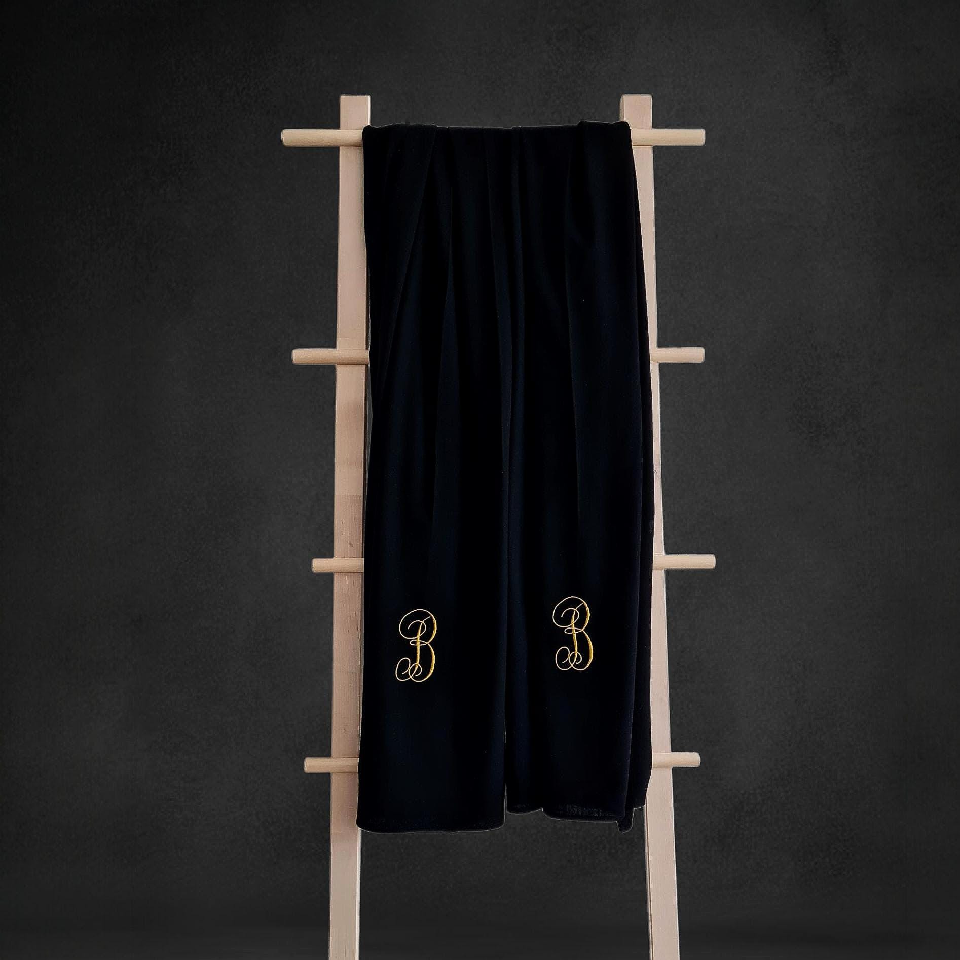 1 pc. Monogrammed Black Thin Stonewash Linen Towel: Custom Embroidered Gold Initial, Personalized Gift