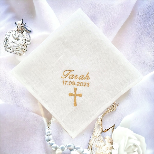 First Communion boy/ girl cross handkerchief gift/ Custom embroidered hankie/ Christening gifts for Godson/ God daughter from Godmother