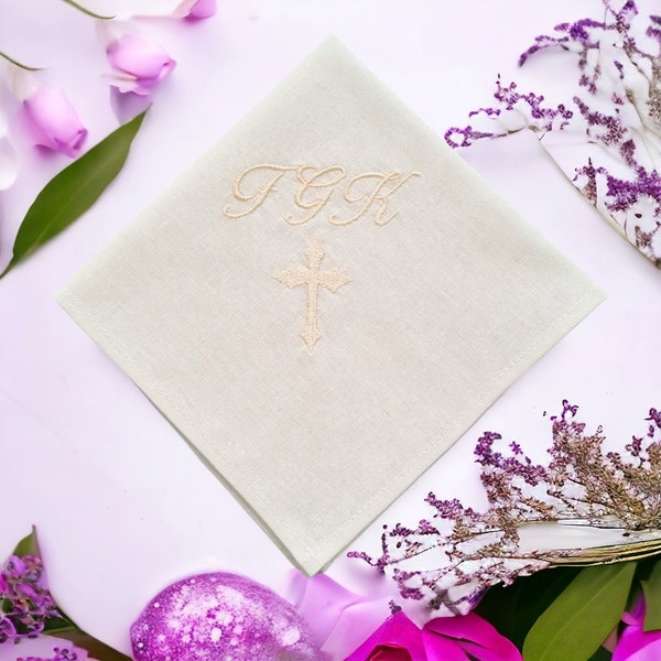 Cross handkerchief custom embroidered/ Hankerchief/ hankie linen/ Baptism gift boy/ girl/ adult/ 1st Holy Communion gifts personalized