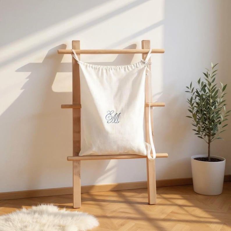 Embroidered Linen Laundry Bag Backpack - Thumbnail 5