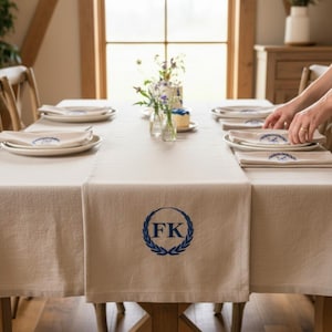 Beige Linen Table Runner: Custom Embroidered Monogram, Personalized New Home Gift