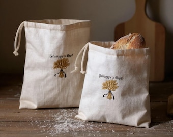 1 bolsa de pan de lino personalizada: Saco bordado, estilo rústico, cocina sin residuos