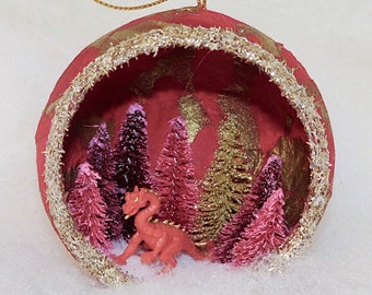 Handmade Red Dragon Christmas Ornament: Gothic Diorama